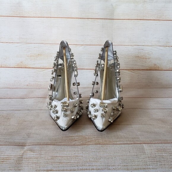 Good American Jeweled Emma Gem Pointy Toe Translucent Stiletto Heels Pumps - Picture 6 of 16